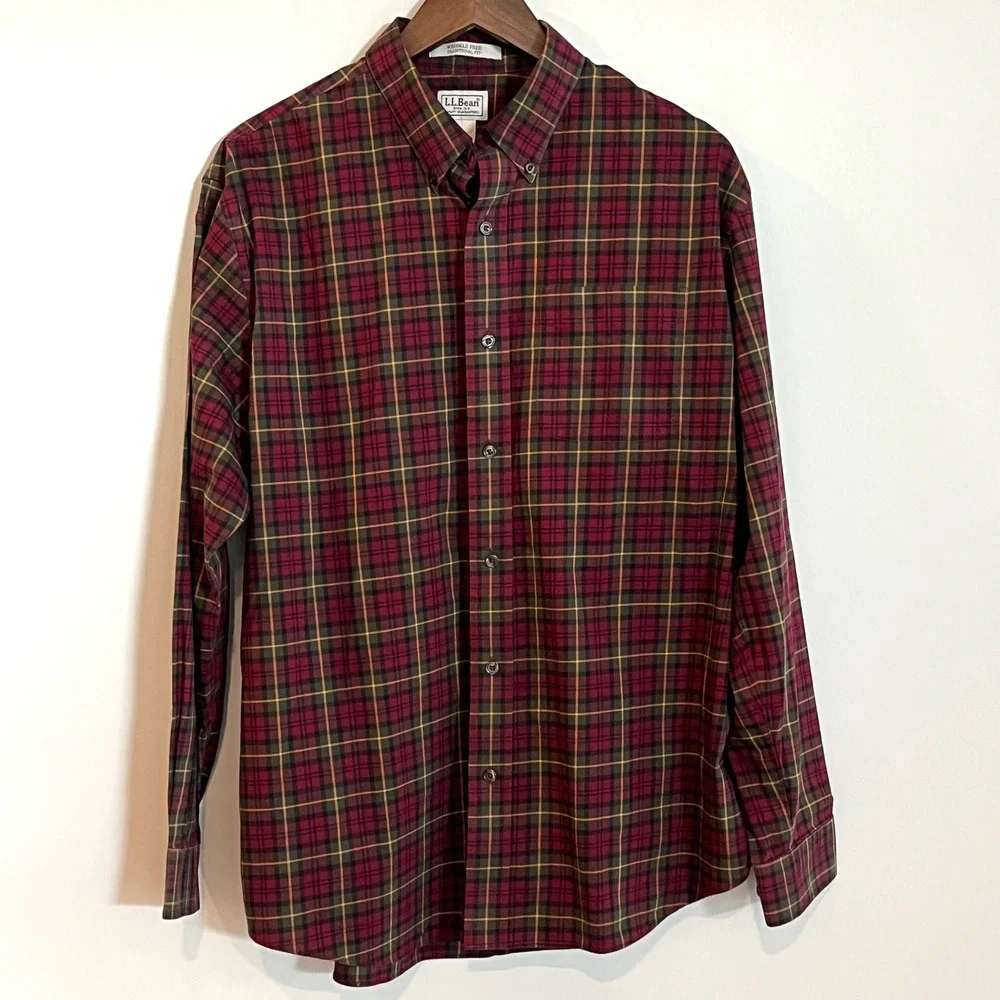 LL Bean Mens Wrinkle Free Traditional Fit Plaid Button Down Shirt L Reg